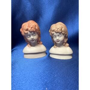 Hand Pained Pair of Bisque Porcelain Doll Heads Red and Brown Hair